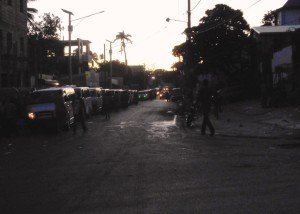 Buses line up at daybreak